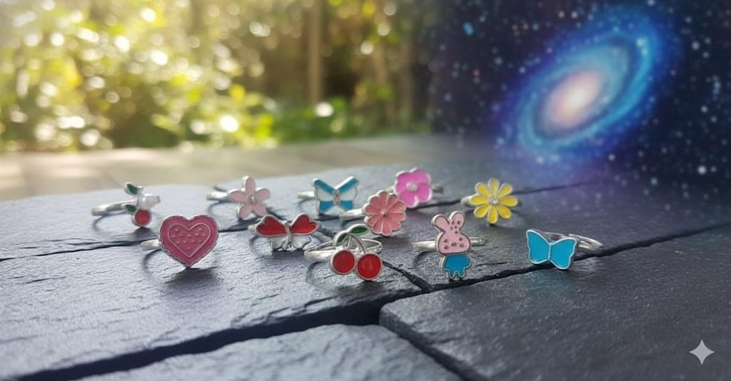 El Regalo 12 Pcs Cute Adjustable Rings Set for Kids/Girls/Women - Colorful Cartoon Enamel Finger Rings | Adjustable Cute Jewelry Gift Box - Butterfly, Flower, Bow, Heart, Cherry Designs (Style-3)