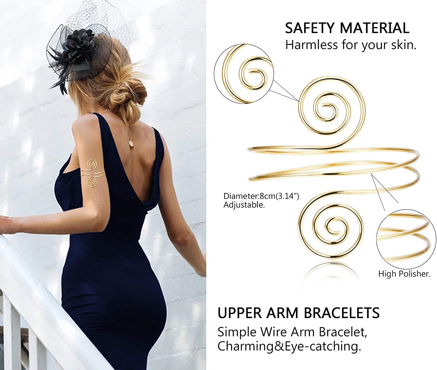 El Regalo Fashion Armlet- Minimalist Spiral Coil Upper Arm Cuff Open Arm Bracelet Armlet Armband Bangle for Women & Girls (Golden Color)