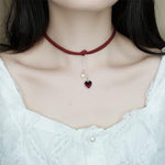 El Regalo 1PC Heart Pearls Red Lace Velvet Choker Pendant Necklace for Girls & Women