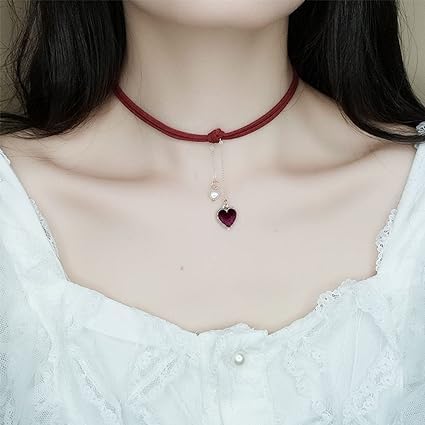El Regalo 1PC Heart Pearls Red Lace Velvet Choker Pendant Necklace for Girls & Women