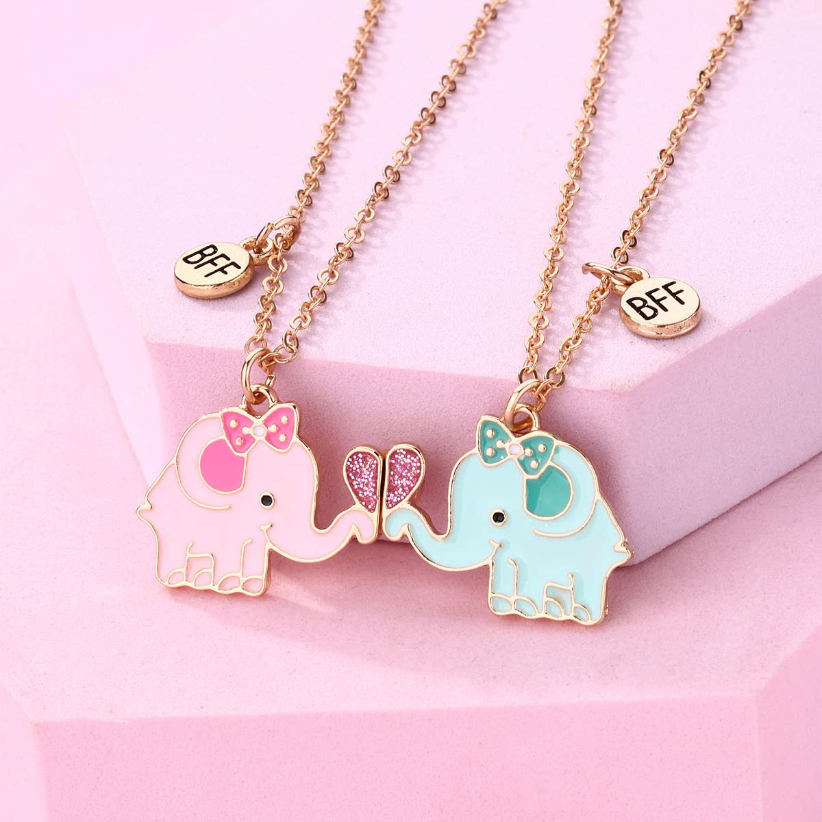 El Regalo Girls 2 Pcs Bff Best Friend Forever Split Magnetic Matching Unisex Pendant - Friendship Necklaces Set For Besties/Best Friends/Soul Sisters (Bff Elephant Necklaces Set- Gold)
