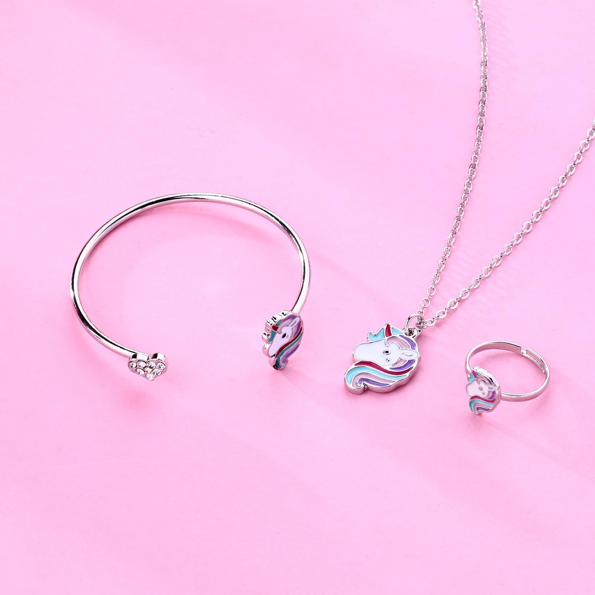 El Regalo 3 PCs Cute Enamel Pony/Unicorn Pendant Necklaces, Bracelet & Ring Set for Kids/Girls/Teens | Unicorn Jewelry for Unicorn Theme Party- Gift for Girls