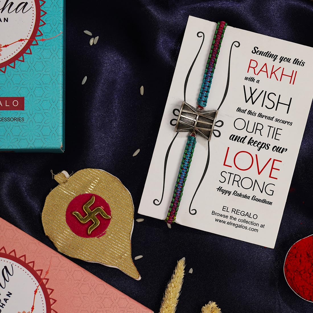 El Regalo Auspicious Shiva Damroo Mauli Thread Rakhi for Brother- Antique Damru Rakhi with Roli Chawal Shagun, Message Card in Rakshabandhan Gift Box (Multi Blue)