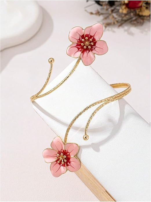 El Regalo Floral Enamel Armlet/Bajuband for Women & Girls - Adjustable Gold-Plated Upper Arm Cuff Bracelet | Bohemian Armlet for Weddings, Festivals & Dance Performances (Pink)