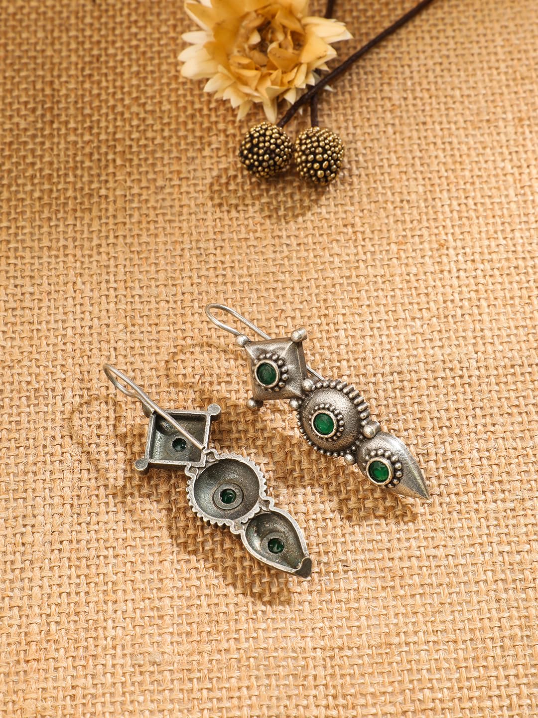 El Regalo Womens "Trikoni" Handcrafted Silver Lookalike Oxidized Brass Earrings - Antique Silver Finish - Elegant and Timeless Design (Green)
