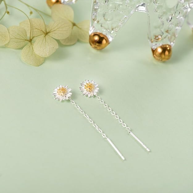 El Regalo Minimalist Flower Threader Earrings for Women & Girls | Cute Tiny Floral Chain Drop Earrings | Modern Style Dainty Long Tassel Earrings (Daisy Silver)