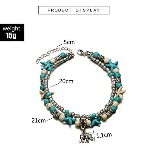El Regalo Antique Silver Tone Multi Layer Turquoise Beach Beaded Bohemian Fashion Charm Anklets for Women & Girls (Elephant Charm)