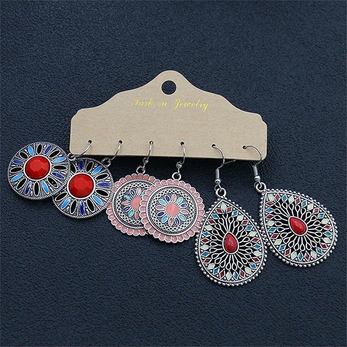 El Regalo 3 Pairs Earrings Combo of Vintage Bohemian Dangle Earrings for Women, 3-Pair Multi-Pack, Handmade Retro Tribal Drop Jewelry, Ethnic Bronze & Silver Tone Statement Earrings (Style-3)