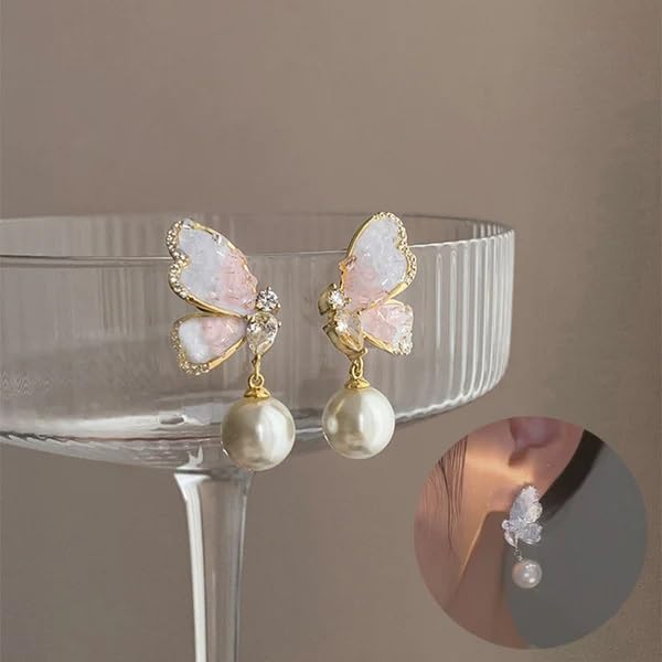El Regalo Beautiful Gradient Butterfly Pearl Drop Crystal Earrings- Elegant Butterfly Statement Earrings for Girls & Women (Pink)