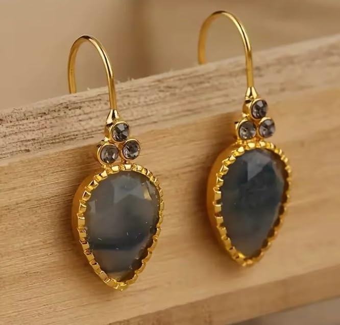 El Regalo Elegant Vintage-Inspired Geometric Earrings for Women - Gold-Tone Square Earrings with Green Glass Stone & Imitation Pearl Drops - Festive & Party Jewelry (Grey Drop)