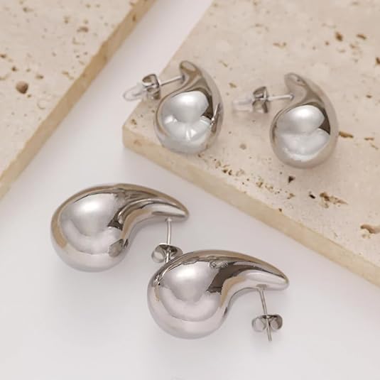 El Regalo 1 Pair Stainless Steel Teardrop/Waterdrop Bold Fashion Statement Earrings- Anti Tarnish, Hypoallergenic Chunky Bottega Earrings (Silver)