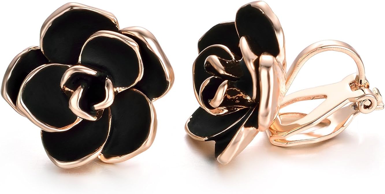 El Regalo Black Rose Flower Vintage Clip On Fake Stud Earrings for Women & Girls - No Piercing Required, Black Gypsy Wild, Gold-Plated Earring Clips for Non-Pierced Ears