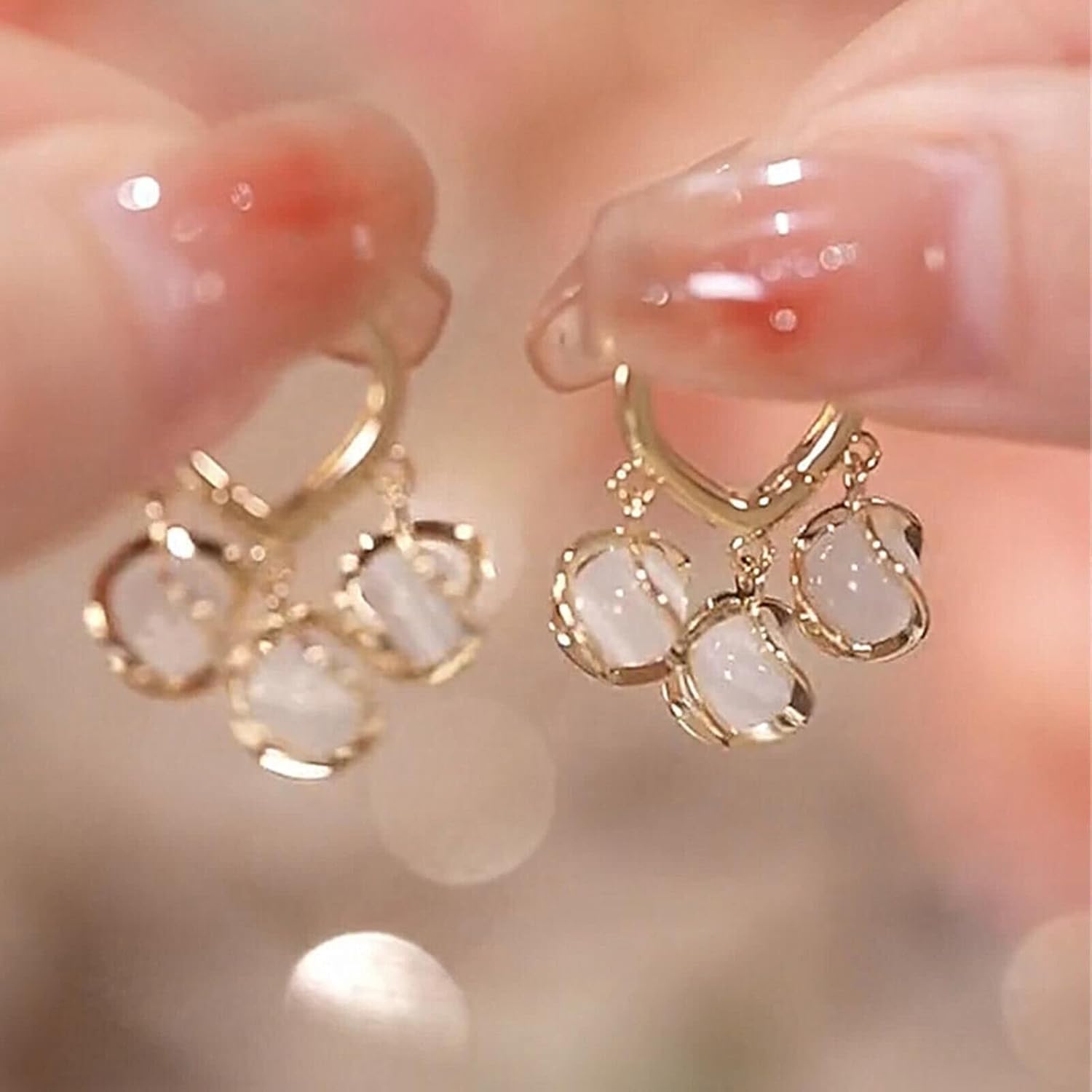 El Regalo 3 Moonstone Dangle Hoop Earrings- Love Ear Buckle Temperament Spiral Beads Hypoellergenic Hoop Earrings
