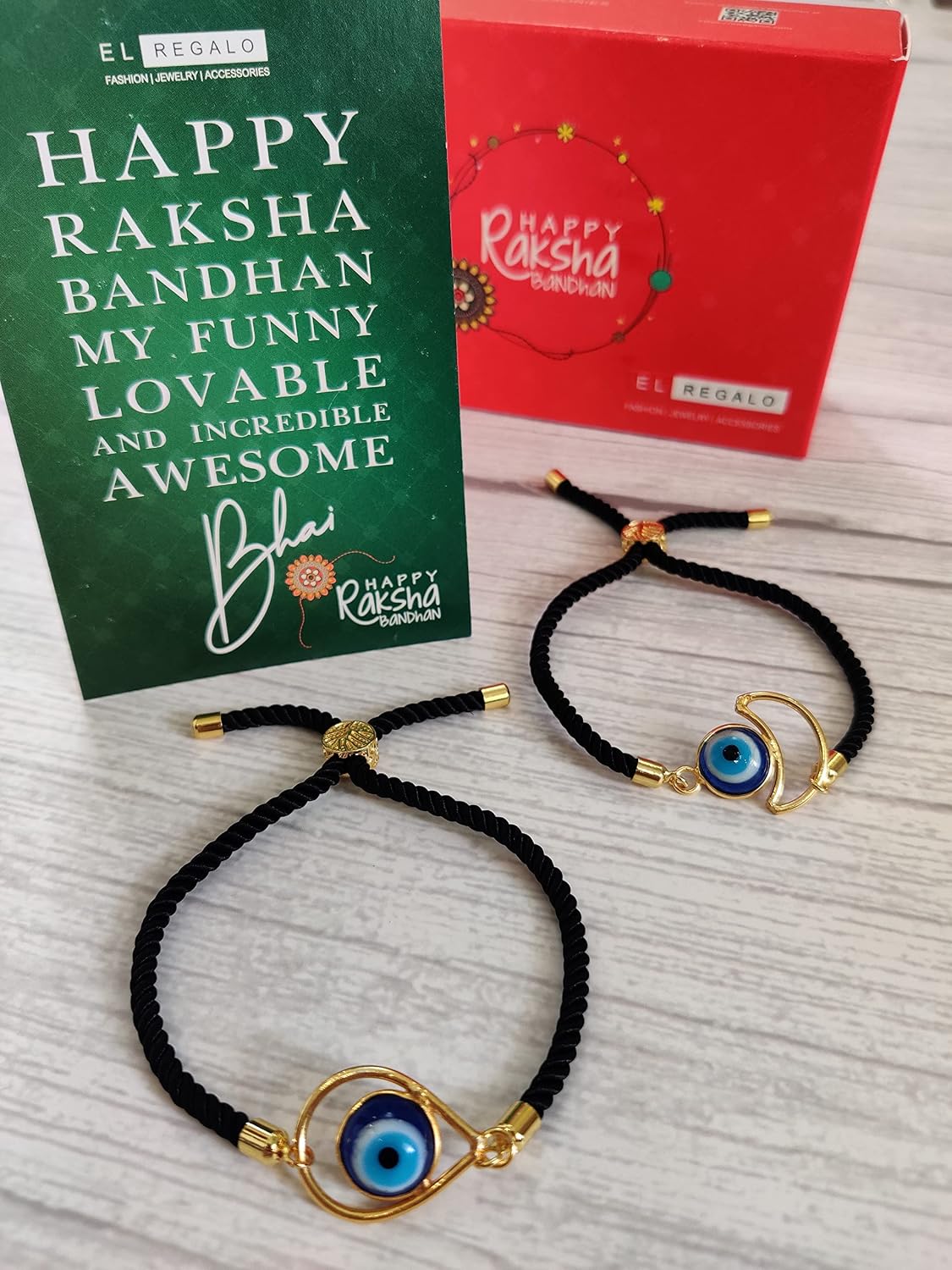 El Regalo Elegant 2 Evil Eye Rakhi Combo with shagun and Raksha Bandhan Card - Lucky Evil Eye Protection Rakhi to Avoid Negative Energies for Brother/Sister-in-Law/Niece or Nephew (Option-1)