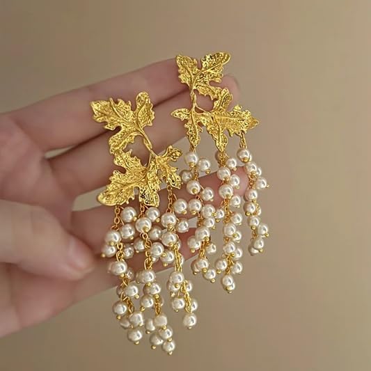 El Regalo Vintage Retro Pearl Tassel Earrings - Exaggerated Pearl Maple Leaf Tassel Earrings for Women & Girls