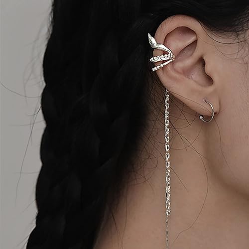 El Regalo Elegant Palace Style Elf Ear Cuff Clip-On Earrings - Non-Piercing Long Tile Tassel Chain Ear Cuff, Western Statement Ear Clips for Women & Teens (Silver)