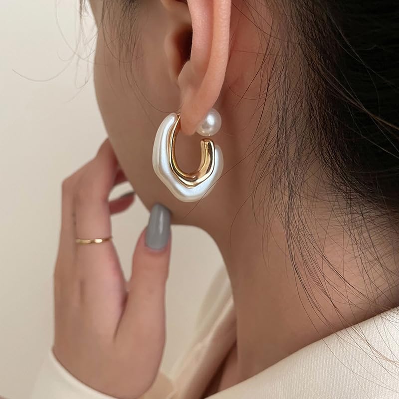 El Regalo Geometric Pearl Statement Earrings- Fashion 2 Ways Pearl Cuff Earrings for Girls & Women