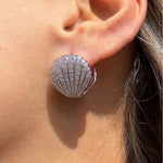 El Regalo Elegant French-Style Luxury Full Diamond Zircon Pearl Shell-shaped Ear Hoops Clips for Women & Girls- Full Paved Cubic Zirconia Shell Earrings (Silver)