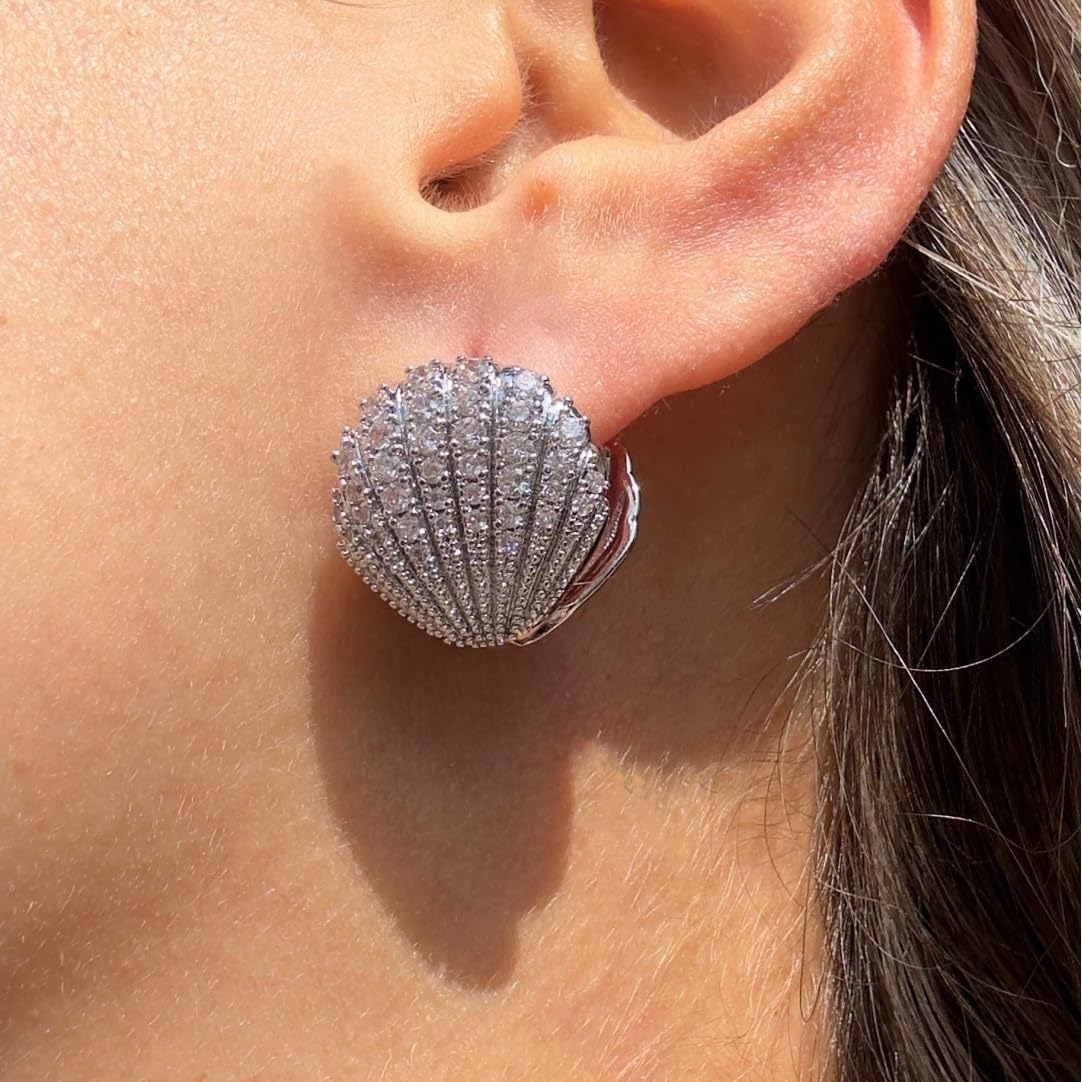 El Regalo Elegant French-Style Luxury Full Diamond Zircon Pearl Shell-shaped Ear Hoops Clips for Women & Girls- Full Paved Cubic Zirconia Shell Earrings (Silver)