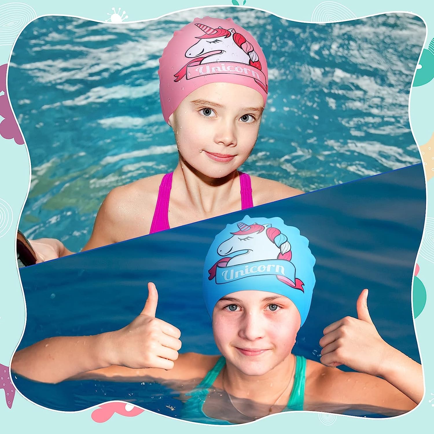 El Regalo 2 PCs Kids Swimming Caps Set- Silicone Swimming Hat for Girls Boys Waterproof Bathing Caps for Long & Short Hair with Unicorn, Astronaut, Heart, Fairy Mermaid (Pink & Blue Unicron)