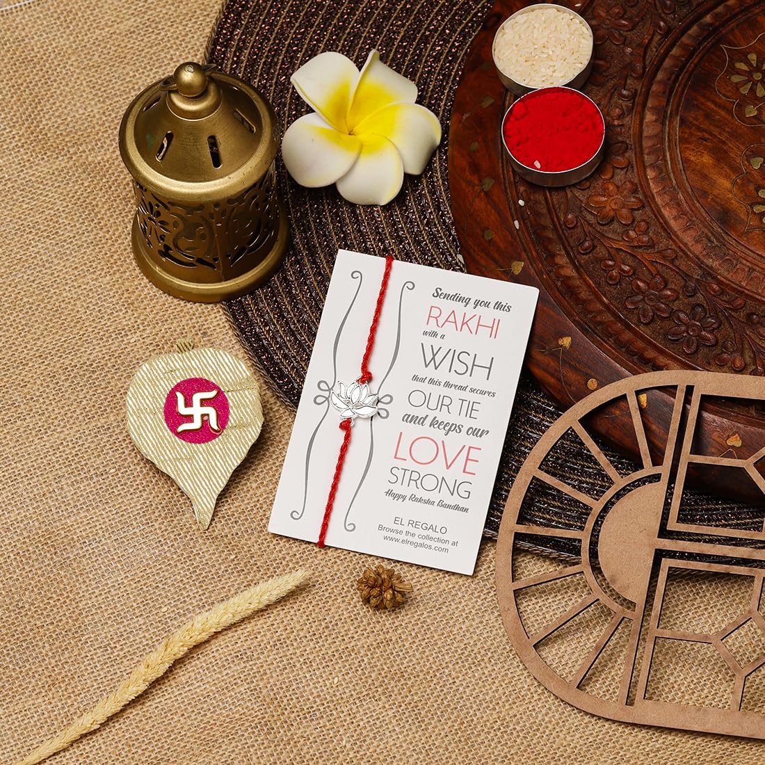 El Regalo 1PC Simple Lotus Flower Rakhi for Brother- Minimalist Lotus Thread Rakhi with Roli Chawal, Rakhi Message Card in Rakhi Gift Box (Option-1)