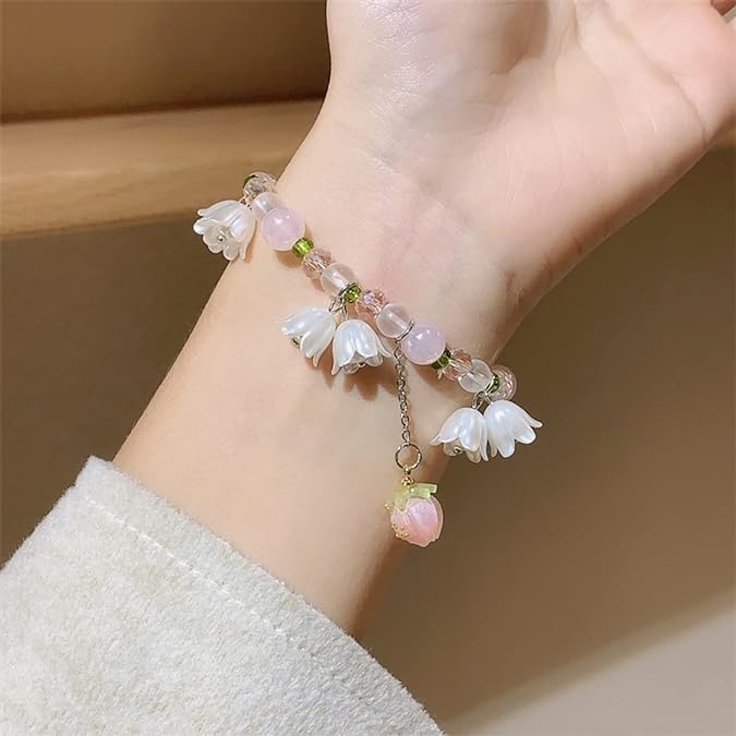 El Regalo Women's 1Pc Beautiful Lily Of The Valley Flower Tassel Beads Bracelet- Pink, Green & White Lilly Bells Pearl Vintage Bracelet