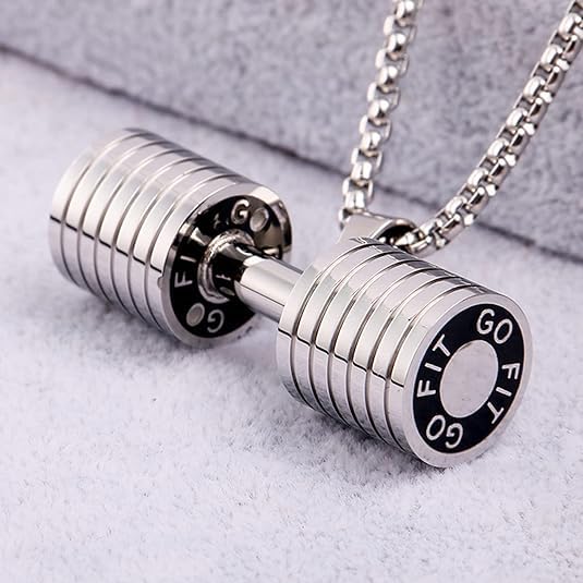 El Regalo Stainless Steel Gym Fitness Dumbbell Pendant Necklace for Boys/Men- Go Fit Motivational Fitness Sports Jewelry for Gym Lovers (Silver)