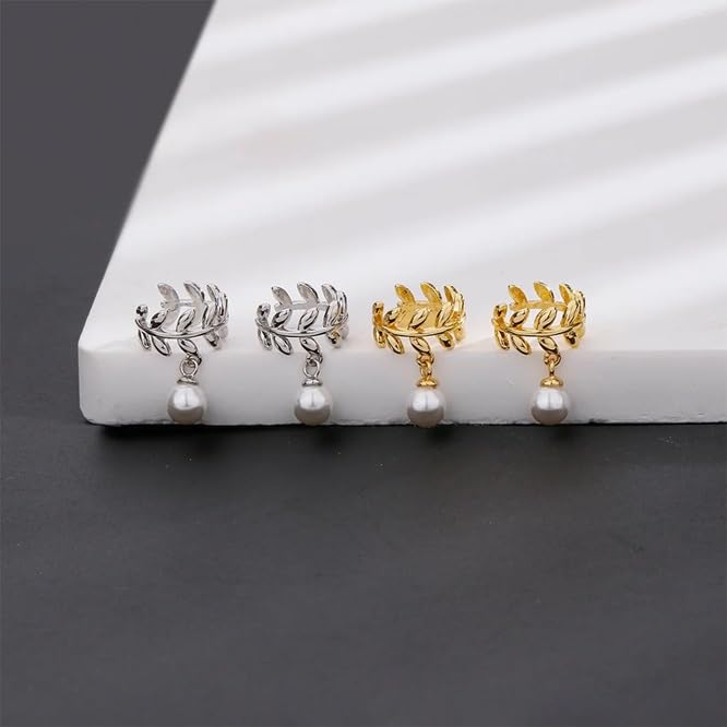 El Regalo 2 Pairs Leaf Pearl Ear Clip Cuff Earrings for Women & Girls - No Piercing Olive Leaf Cartilage Clip-on Earrings Combo (Gold & Silver Finish, Minimalist Pearl Design)