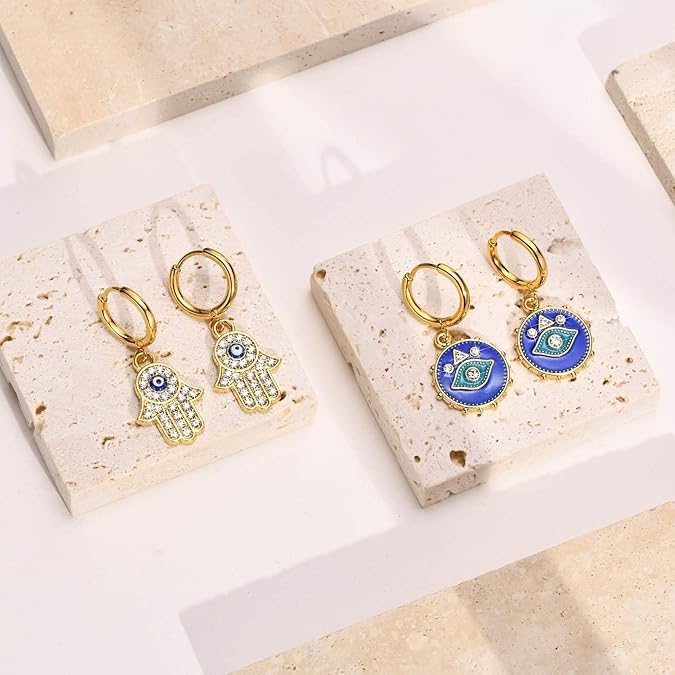 El Regalo 2 Pairs Evil Eye Hamsa Hand CZ Earrings for Girls/Women - Micro-inlaid Cubic Zirconia Evil Eye & Hamsa Hand of Fatima Earrings, Fashion Dangle Drop Earrings