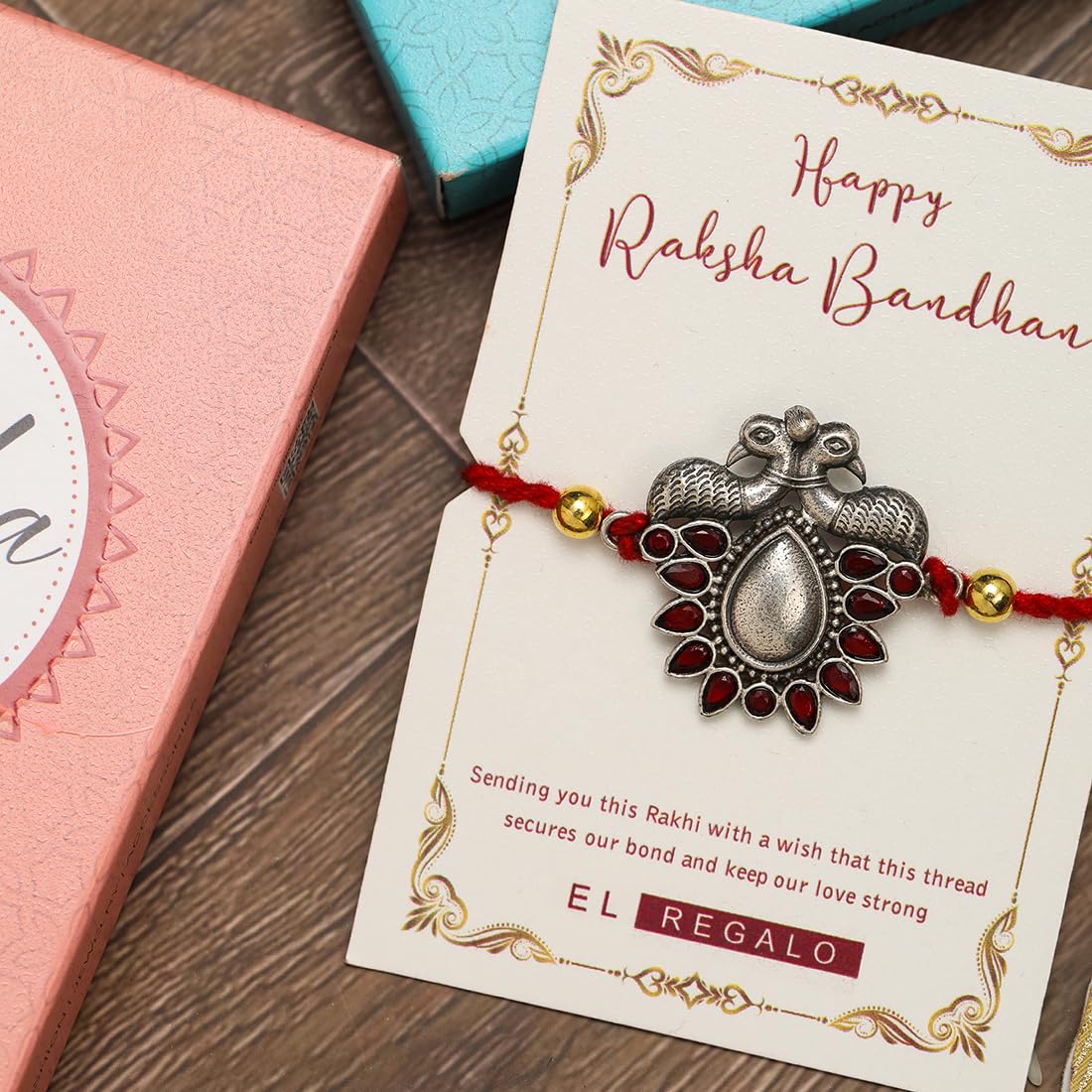 El Regalo 1PC Designer Peacock Red Golden Thread Rakhi for Brother- Antique Peacock Charm Rakhi with Roli Chawal, Rakhi Message Card in Rakhi Gift Box