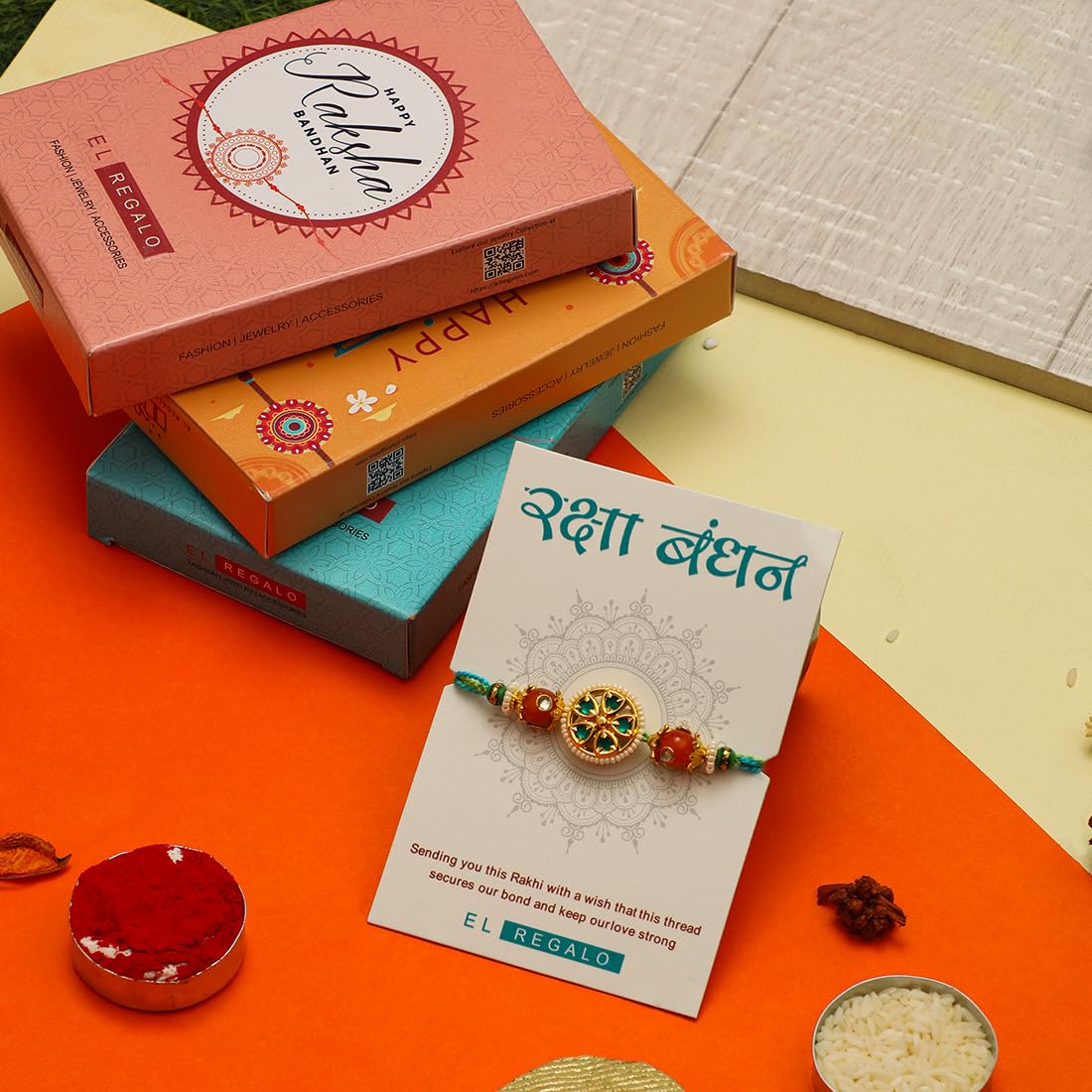 El Regalo Designer 1 PC Pearl, Kundan, Meena work Rakhi for Brother- Fancy Rakhi for Brother with Roli Chwal, Rakhi Message Card in Rakhi Box