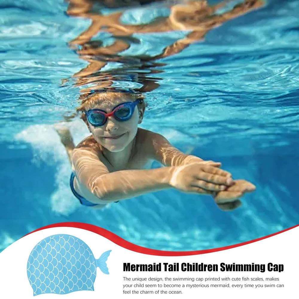 El Regalo 1PC Cute Mermaid Fish Tail Silicon Swimming Cap for Kids, Girls, Boys, and Teens (Blue)