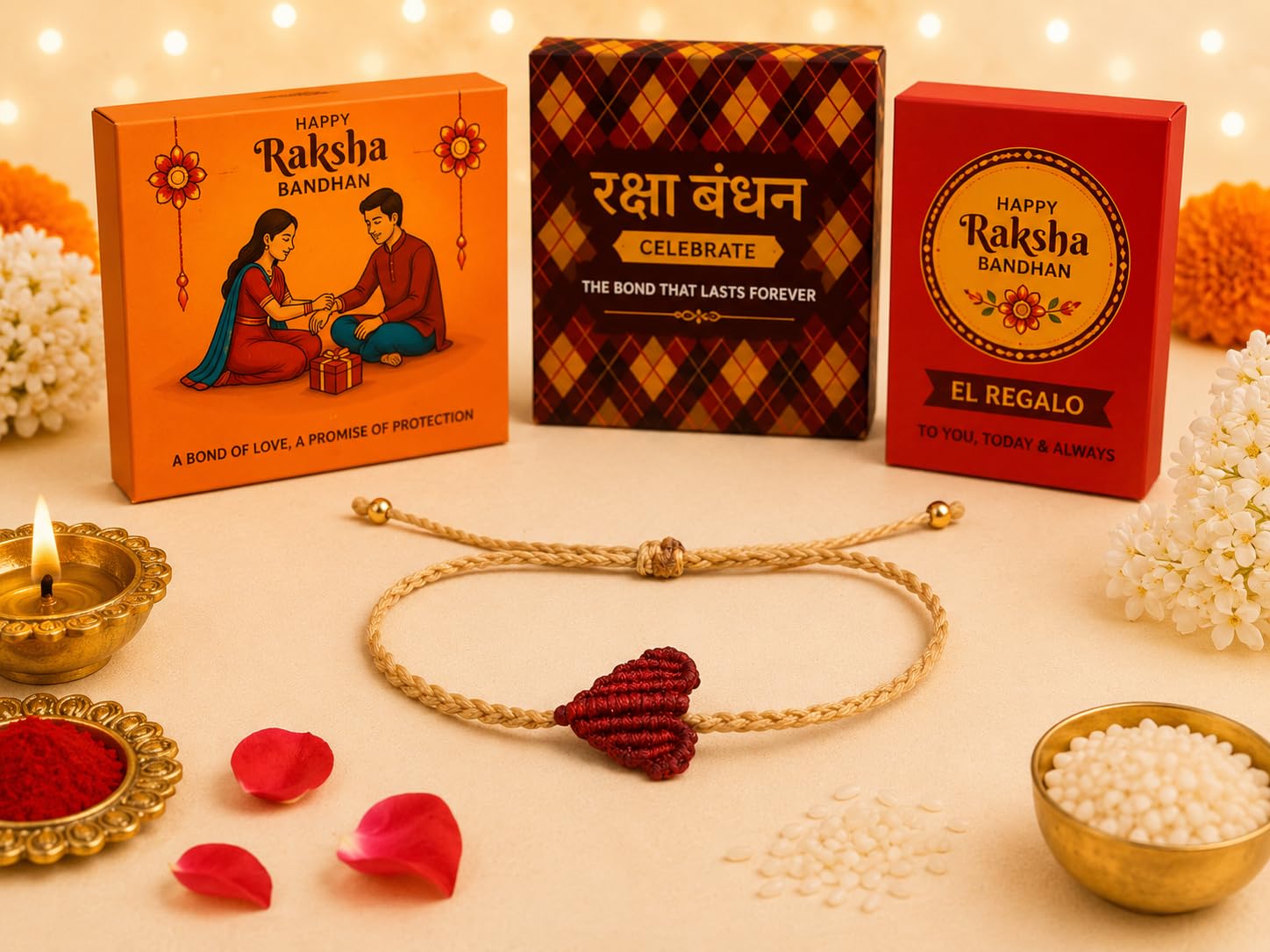 El Regalo Simple Heart Bracelet Rakhi for Brother - Handwoven Adjustable Macrame Rakhi with Roli Chawal | Minimalist Rakshabandhan Bracelet for Bhai in Elegant Rakshabandhan Box (Red-A)