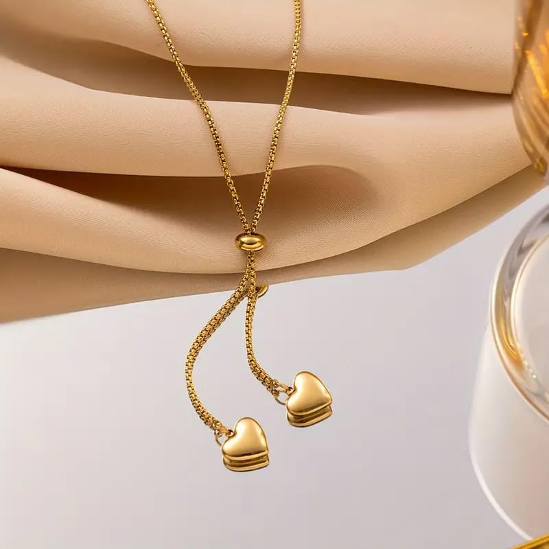 El Regalo Stainless Steel Double Love Heart Long Pendant Slider Necklace for Girls & Women- Anti Tarnish Minimalist Heart Necklace