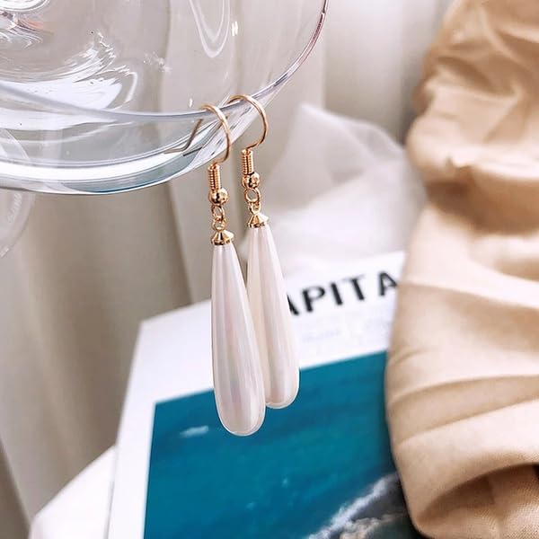 El Regalo Elegant Long Pearl Drop Earrings for Women & Girls | Minimalist White Teardrop Pearl Dangle Earrings | Korean Style Party Earrings | Fashion Jewellery