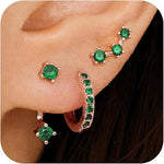 El Regalo 3 Pairs CZ Earrings Set - 14K Gold Plated Dainty Stud & Huggie Small Hoops for Women | Cartilage Earrings for Multiple Piercing | Trendy Stacking Jewellery (Green)