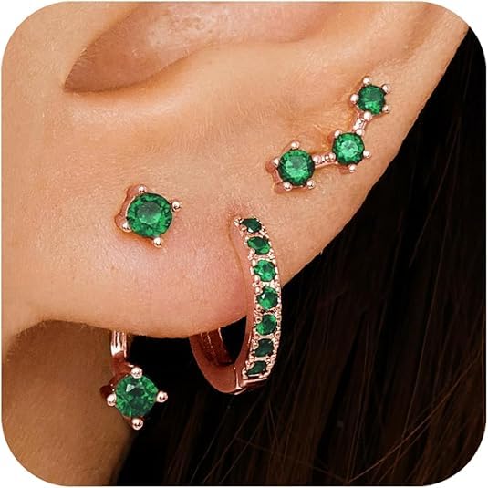 El Regalo 3 Pairs CZ Earrings Set - 14K Gold Plated Dainty Stud & Huggie Small Hoops for Women | Cartilage Earrings for Multiple Piercing | Trendy Stacking Jewellery (Green)