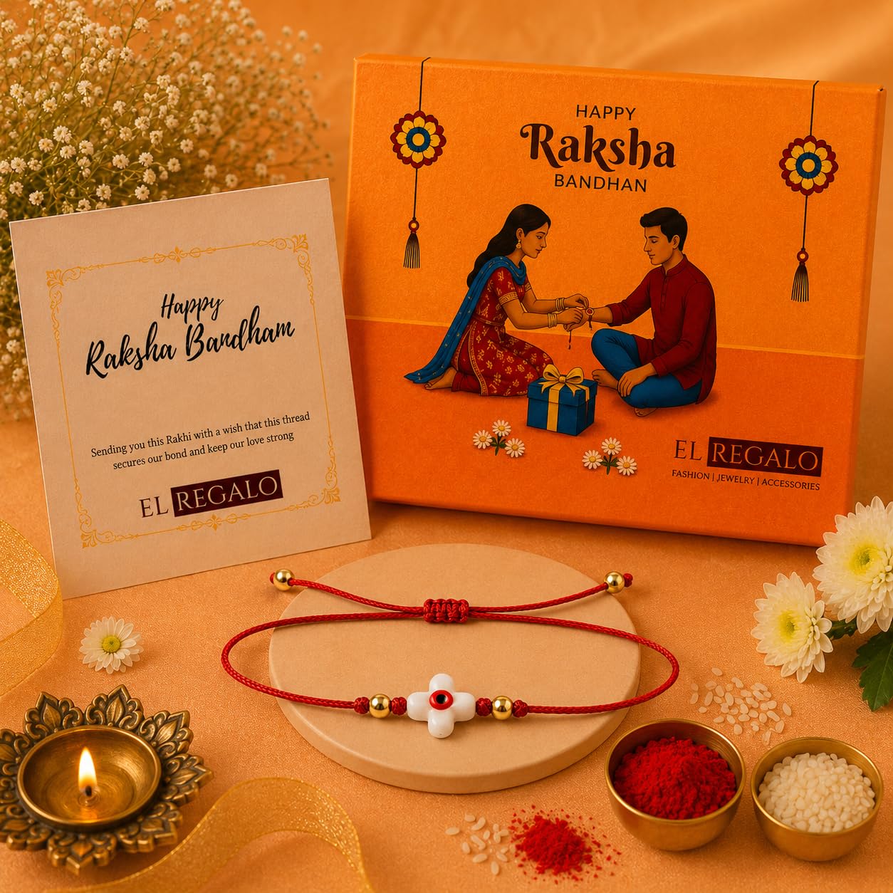 El Regalo 2PCs Evil Eye Minimalist Rakhi Combo Set for Brothers/Bhai-Bhatija with Roli Chanwal, Rakhi Message Card in Rakshabandhan Box