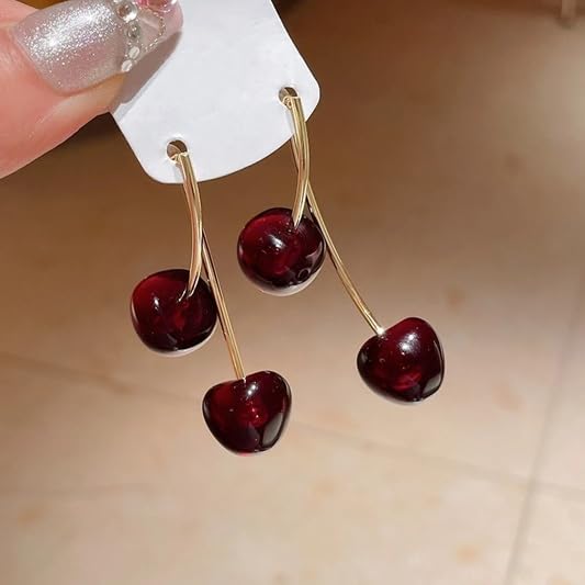 El Regalo Cute Red Double Cherry Front Back Jacket Earrings for Girls & Women | Glossy Fruit Design Gold-Tone Earrings | Fashion Statement Dangle Earrings for Party & Casual Wear