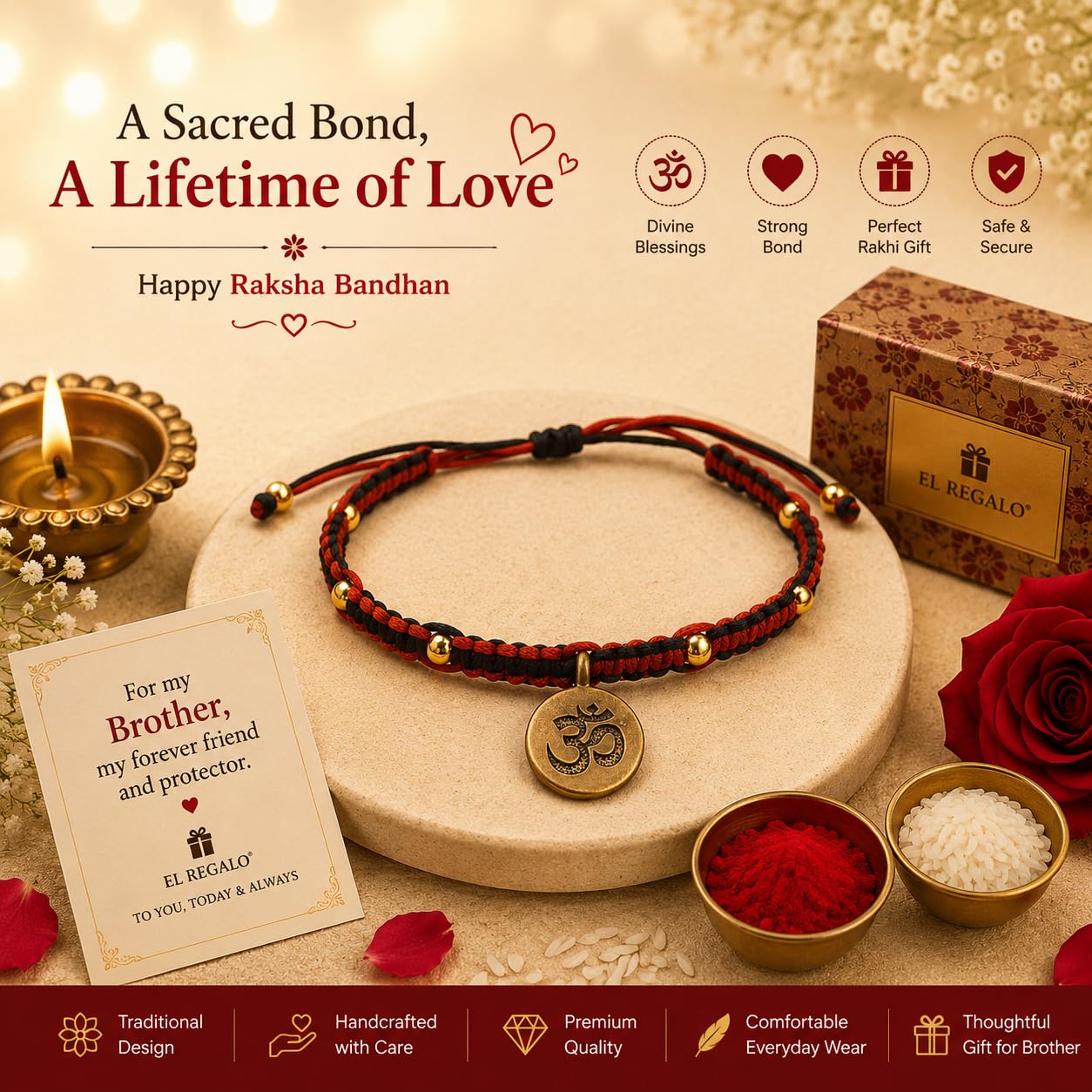 El Regalo Fancy & Traditional AUM/Shell Charm Rakhis for Brother | Elegant Auspicious Bracelet Rakhi for Bhai/Bhaiya with Roli Chawal in Gift Box (OM Rakhi - Red)
