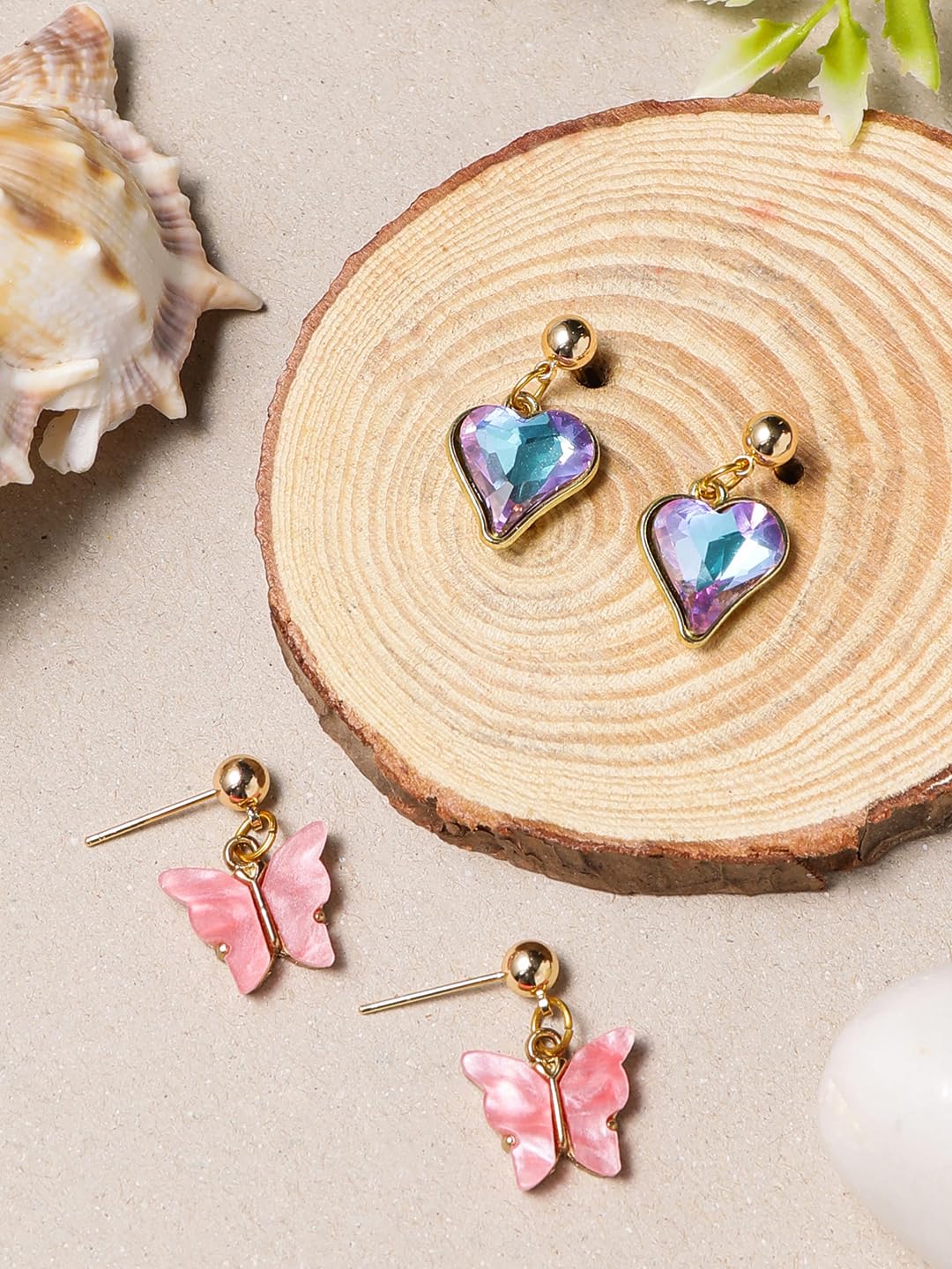 El Regalo 2Pairs Cute Heart & Butterfly Stud Earrings Combo for Girls, Teens & Women