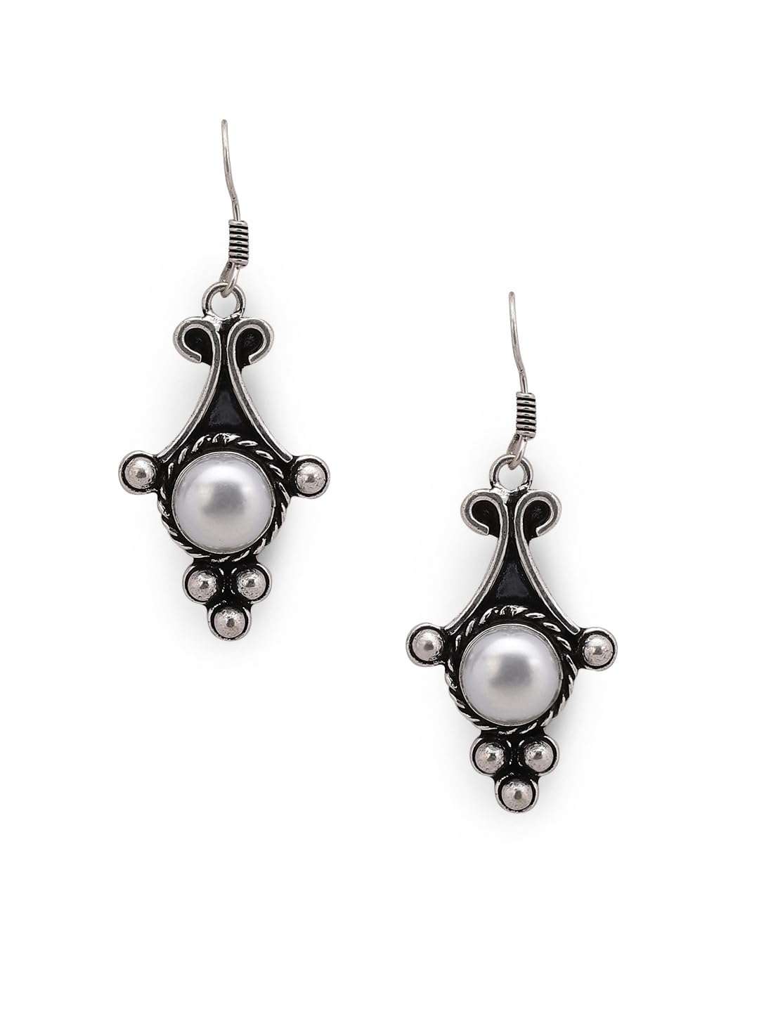 El Regalo Oxidized 925 Silver Plated Pearls Hook Earrings- Vintage Retro Style Pearl Drop Handmade Earrings for Women/Girls