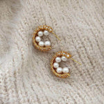 El Regalo Luxury Pearl & Zircon C Half Hoop Earrings for Women - 14K Gold Plated Pave Crystal Studs | Elegant Party Jewellery | Ideal Gift for Anniversary, Wedding & Birthdays (Gold)