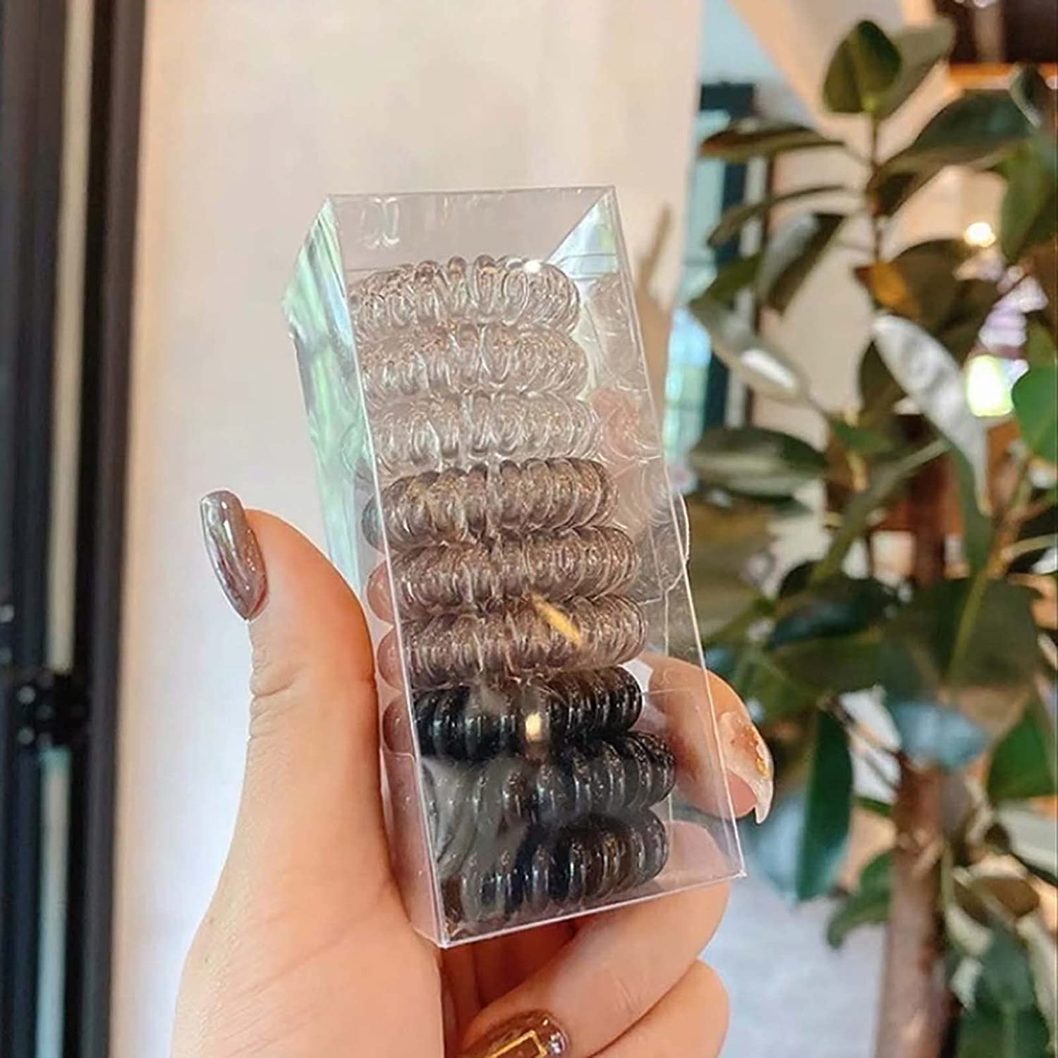 El Regalo 9 Pcs Spiral Hair Ties, No Crease Coil Ties, Phone Cord Ties for Thick Hair - Ponytail Holder Elastics for Kids/Girls/Women (Black Grey Shades)
