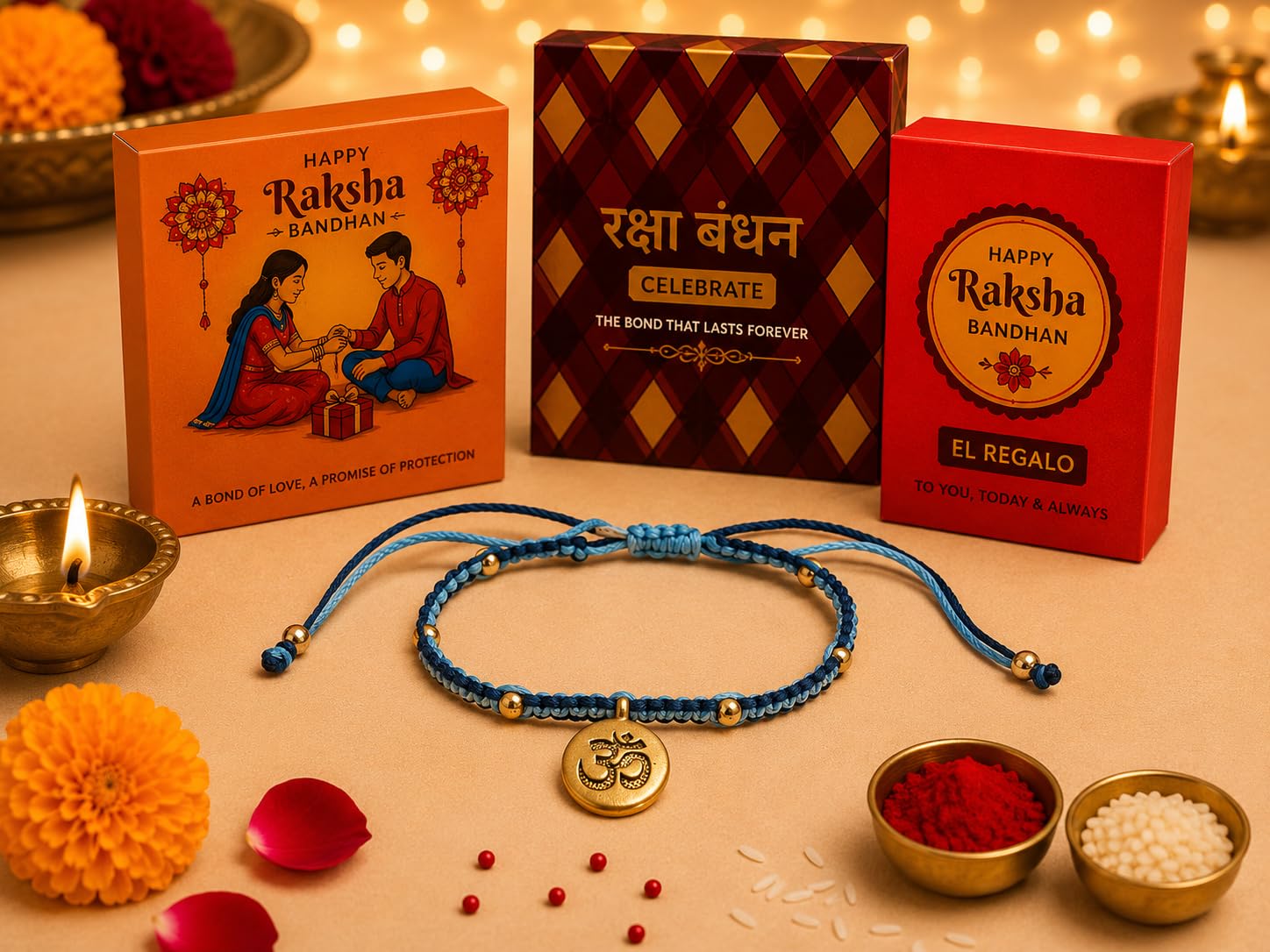 El Regalo Fancy & Traditional AUM/Shell Charm Rakhis for Brother | Elegant Auspicious Bracelet Rakhi for Bhai/Bhaiya with Roli Chawal in Gift Box (OM Rakhi- Blue)