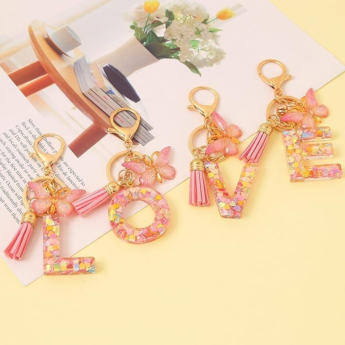 El Regalo Personalized Name Initials Butterfly Charm Keychain - Custom Letter Keyring with Pink Tassel & Butterfly Pendant, Purse, Bag, Backpack Accessory (B Letter)