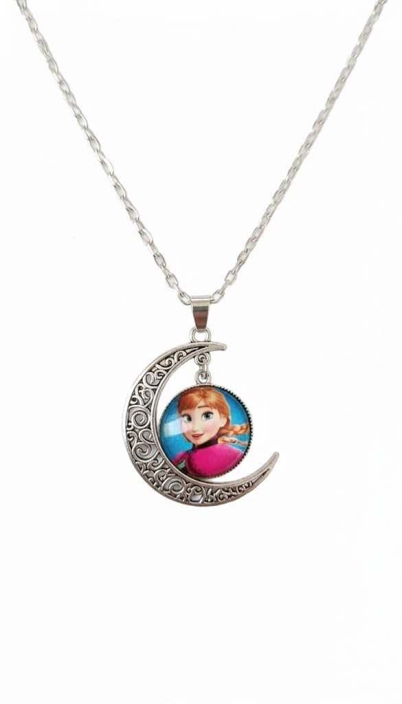El Regalo Princess Crescent Moon Pendant Necklace for Girls- Enchanted Fairytale Character Jewelry with Filigree Detail, Silver-Tone Chain, Perfect Birthday Return Gift or Party for Toddlers and Kids (Style-5)