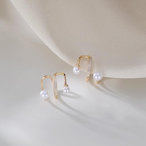 El Regalo 1 Pair Pearl Ear Cuffs Earrings for Non Piercing Ears- CZ Pearls Wrap Non Piercing Cartilage Cuffs Clip On Earrings for Girls/Women (Gold)