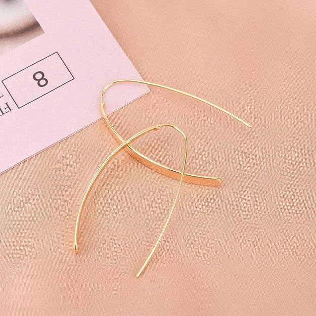 El Regalo Minimalist Long Arc Ear Threader Earrings for Women & Girls | Modern Sleek Curved Pull-Through Drop Western Earrings (Gold)
