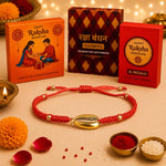 El Regalo Red Silk Thread Golden Shell Rakhi for Brother - Elegant Lucky Cowrie Shell Rakhi with Roli Chawal in Gift Box (Red Golden Shell)